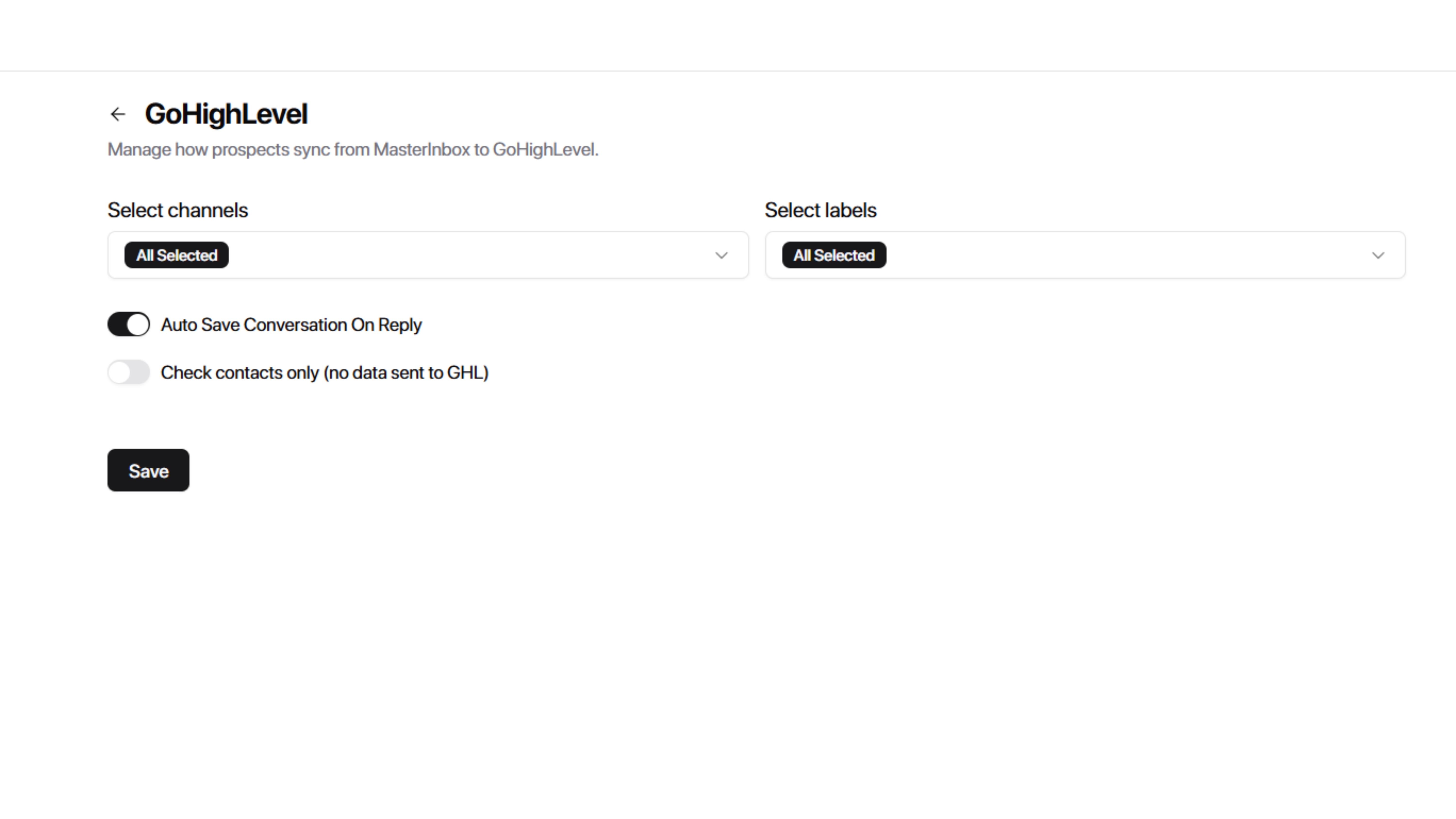 GoHighLevel sync settings with channel and label selection and sync toggles