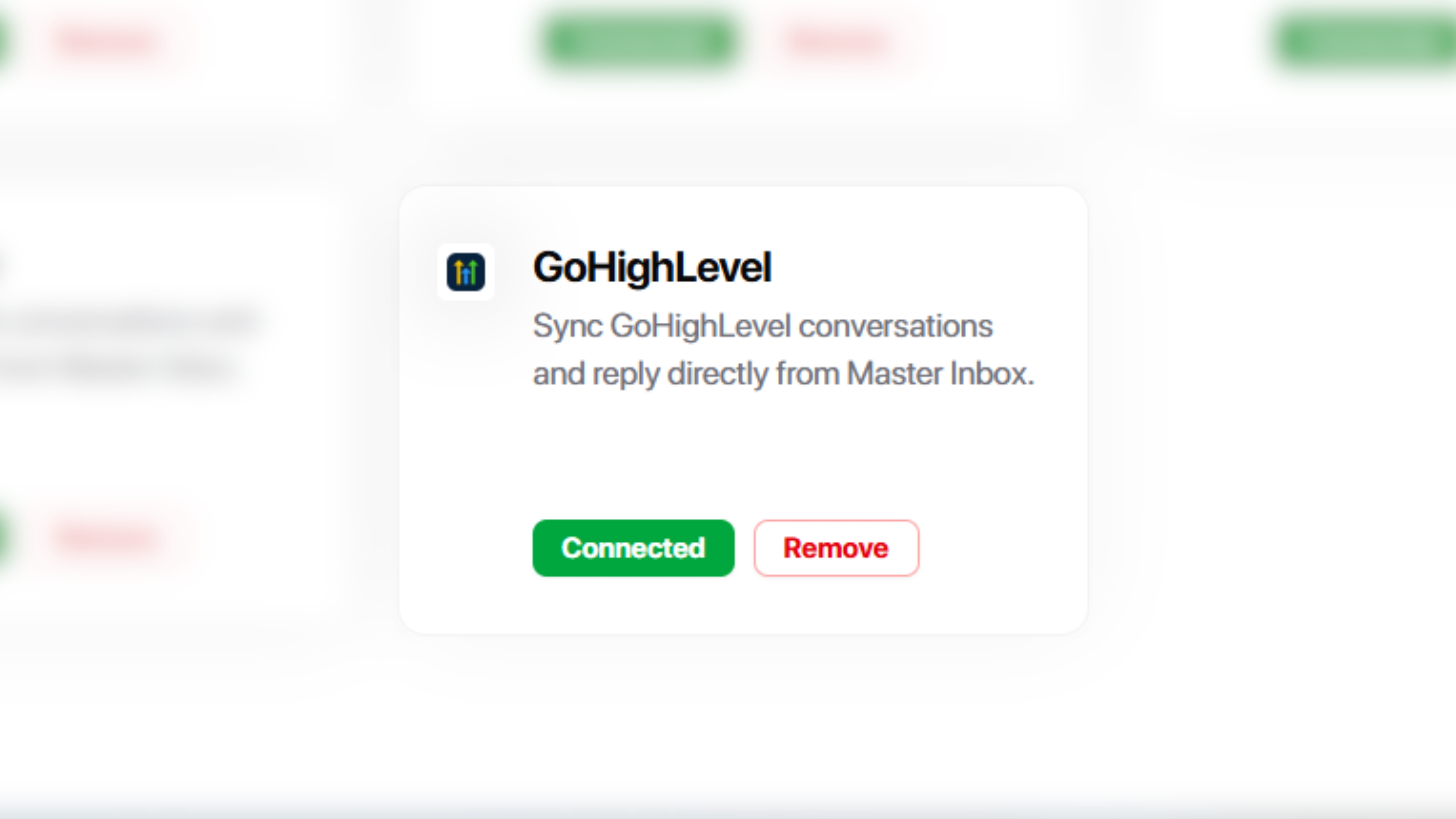 GoHighLevel connected integration card showing Connected status