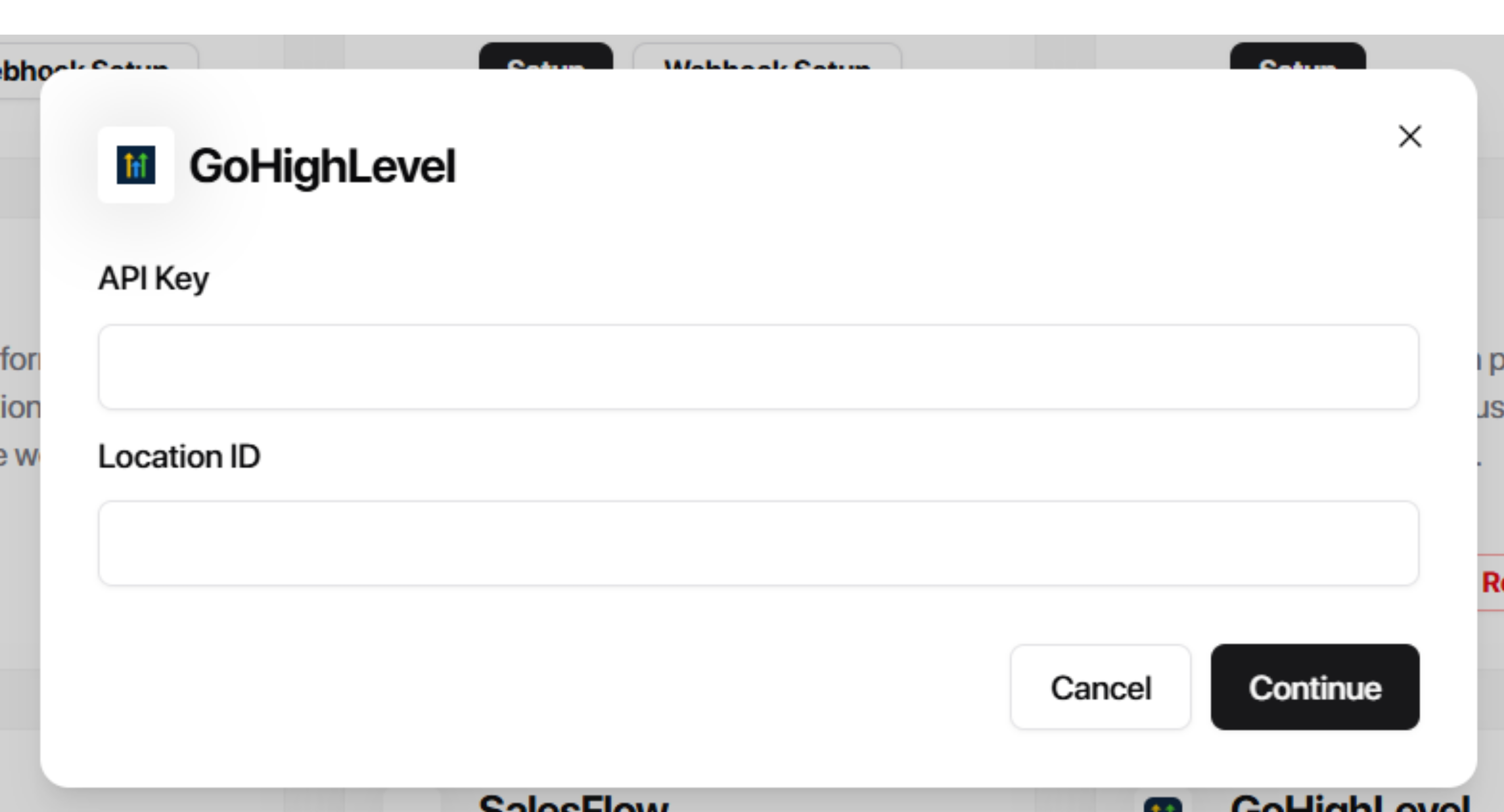 GoHighLevel integration modal with API Key and Location ID fields