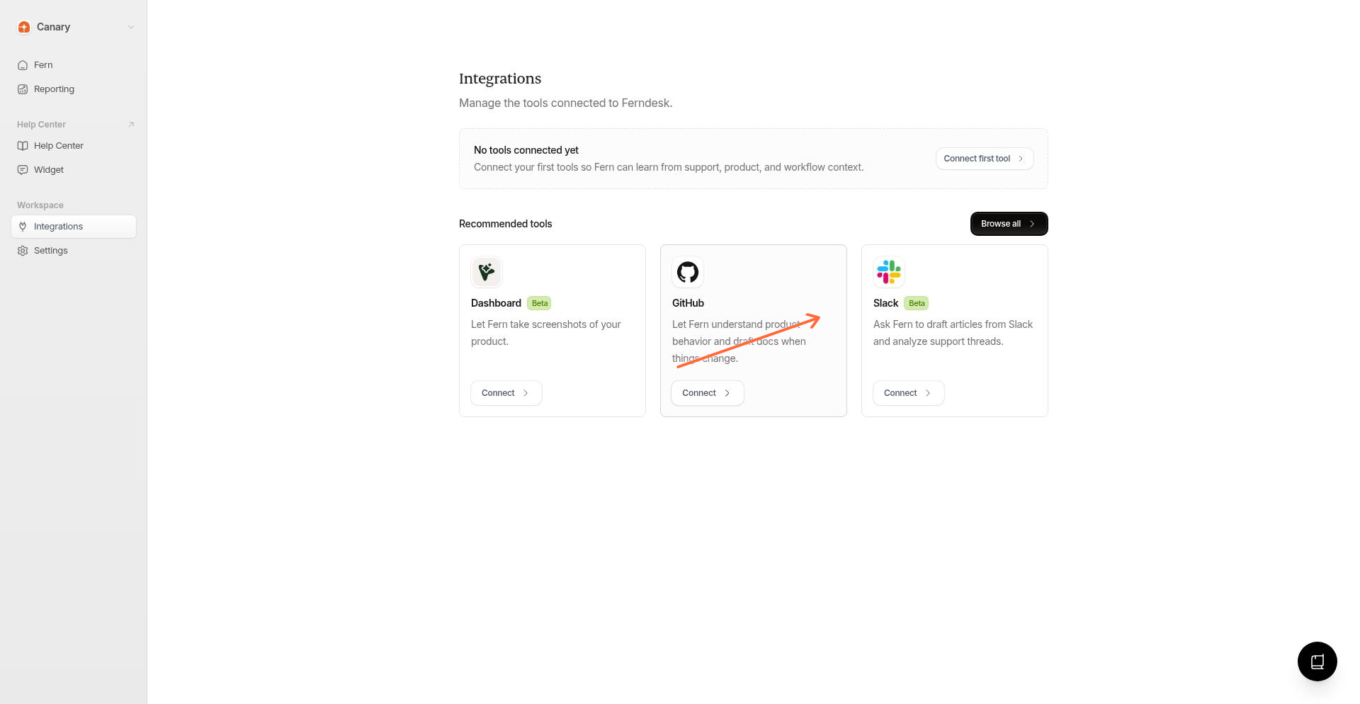 Integrations page showing the Slack integration card