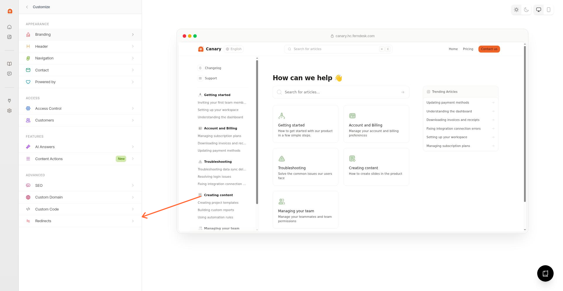 Help Center Customize page showing the Advanced section with the Redirects button highlighted