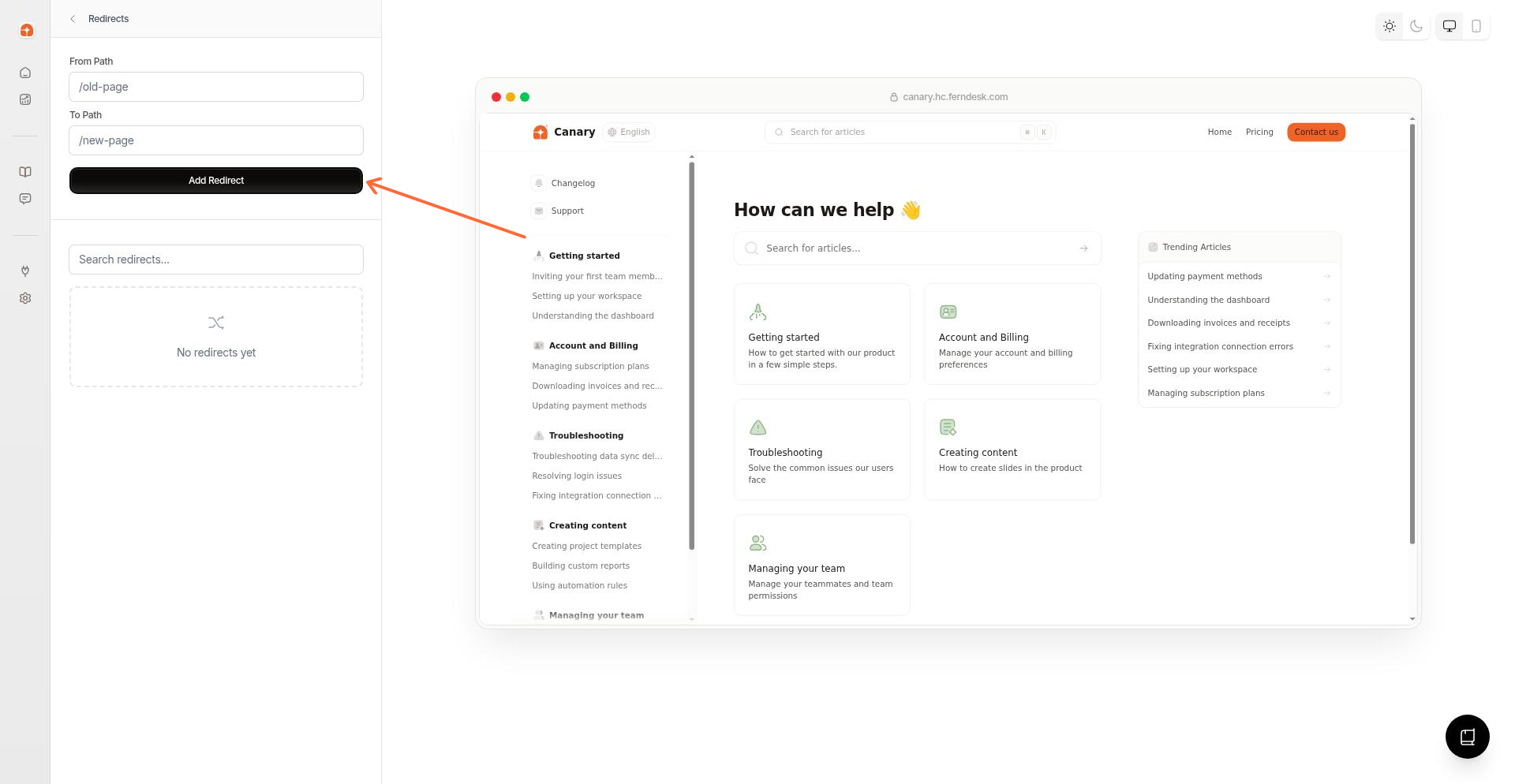 Redirects editor showing From Path and To Path fields with Add Redirect button