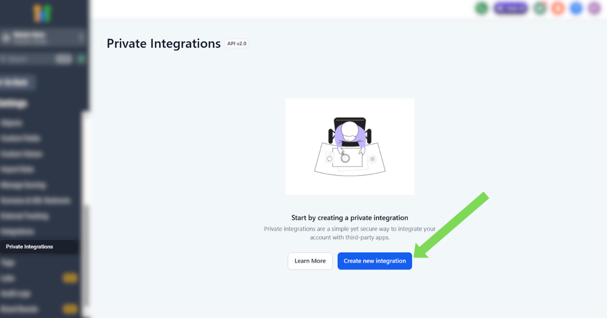 Private Integrations page with Create new integration button highlighted