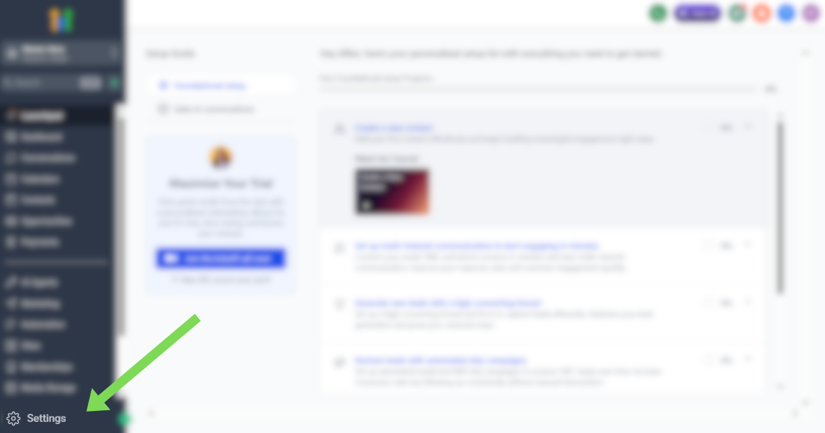 GoHighLevel dashboard with Settings button highlighted in the left sidebar