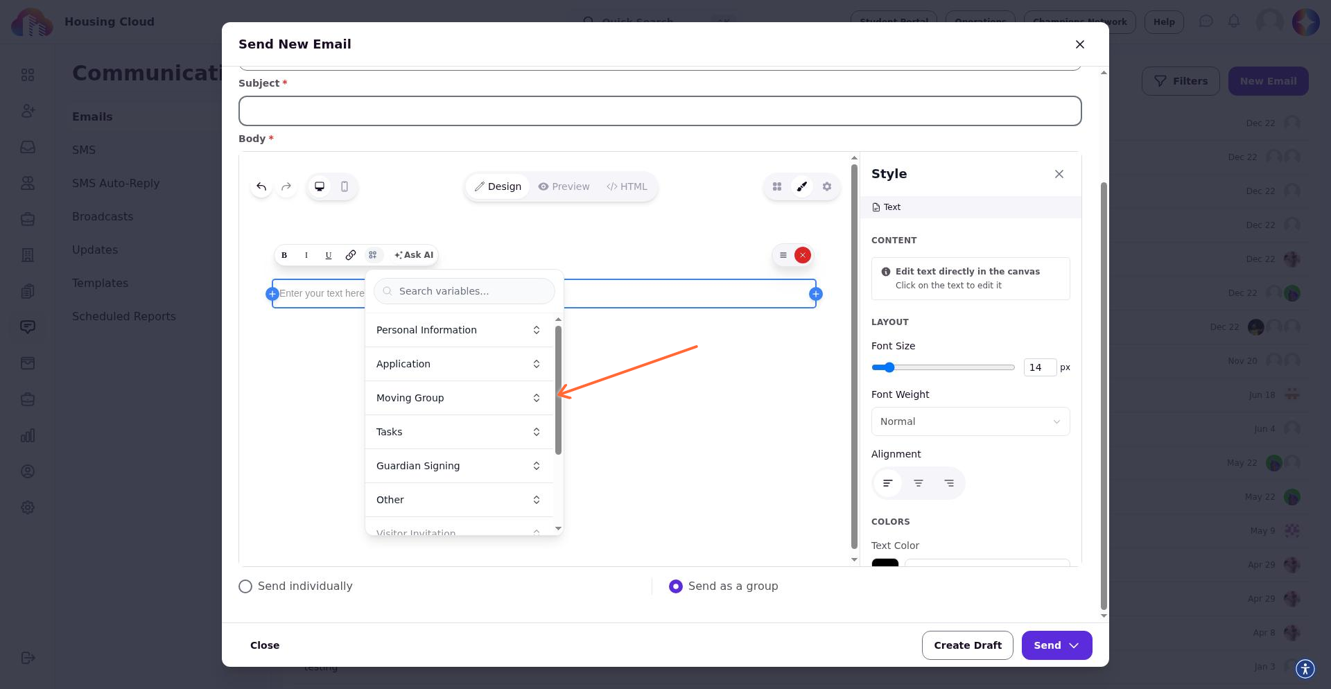 Personalization variable menu showing categories of available merge tags