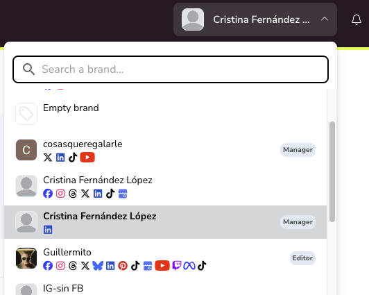 Brand dropdown showing role badges