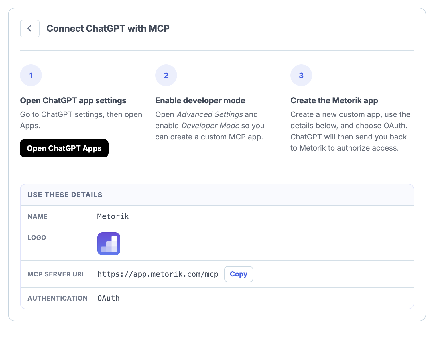 ChatGPT MCP setup screen showing developer mode and OAuth configuration