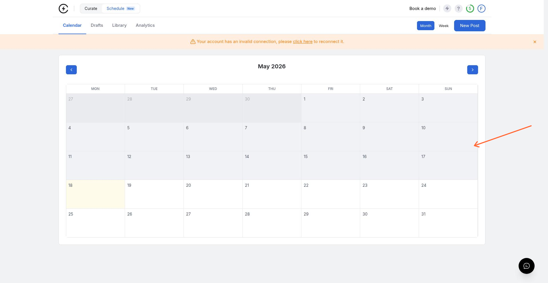 Content Calendar showing month view