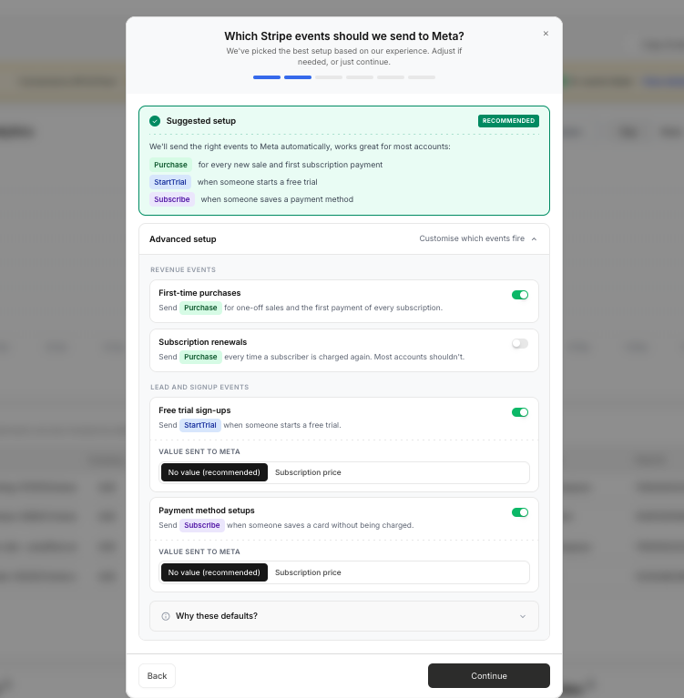 Modal que muestra la configuración sugerida y las opciones avanzadas para los eventos de Stripe