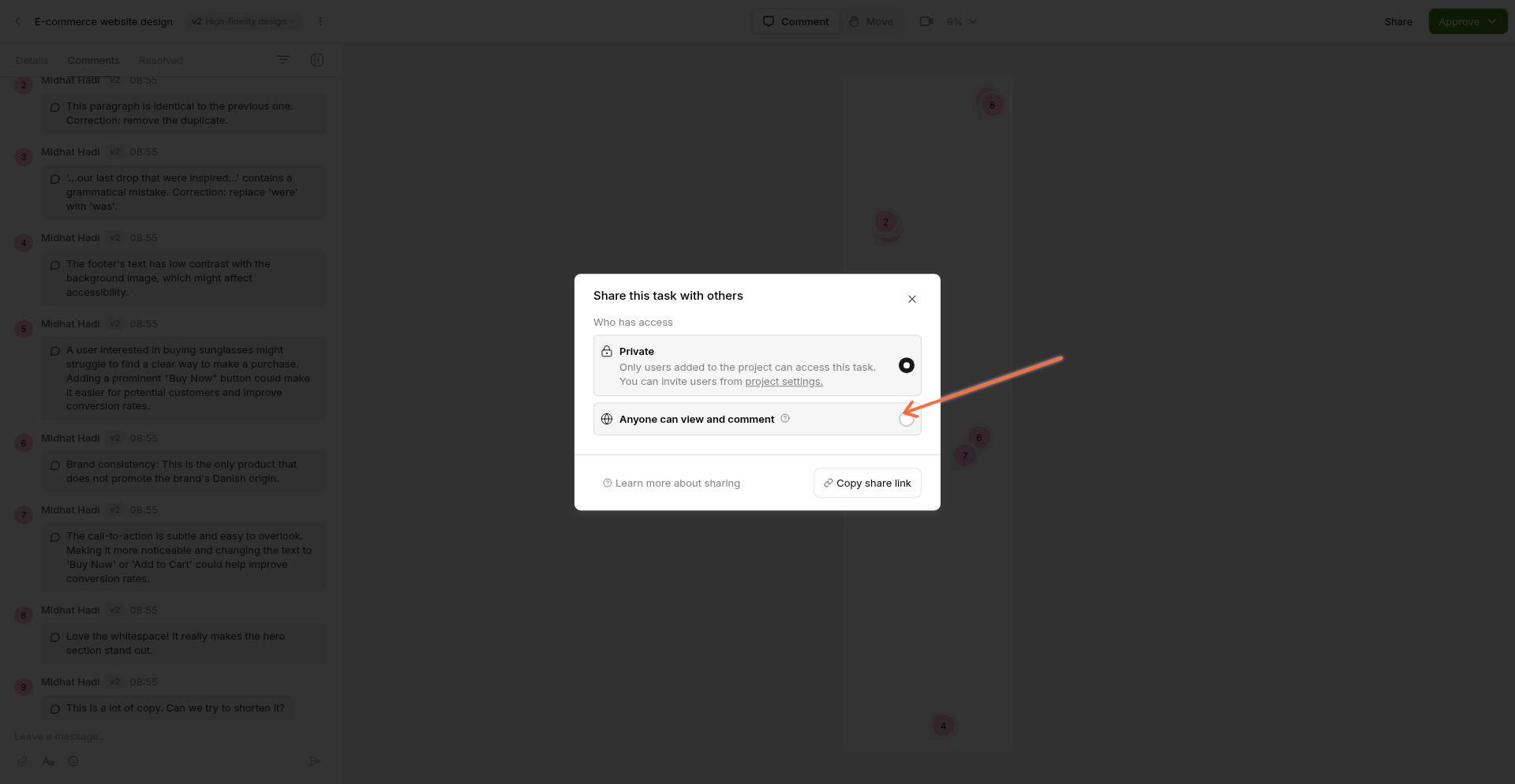 Share modal showing Anyone can view and comment option with Even without an account hint