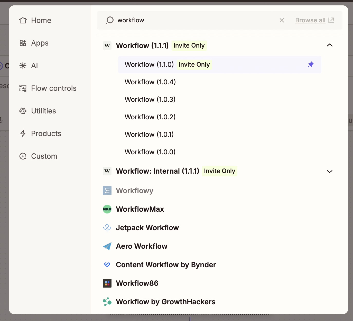 Workflow version list showing how to pin the latest public version