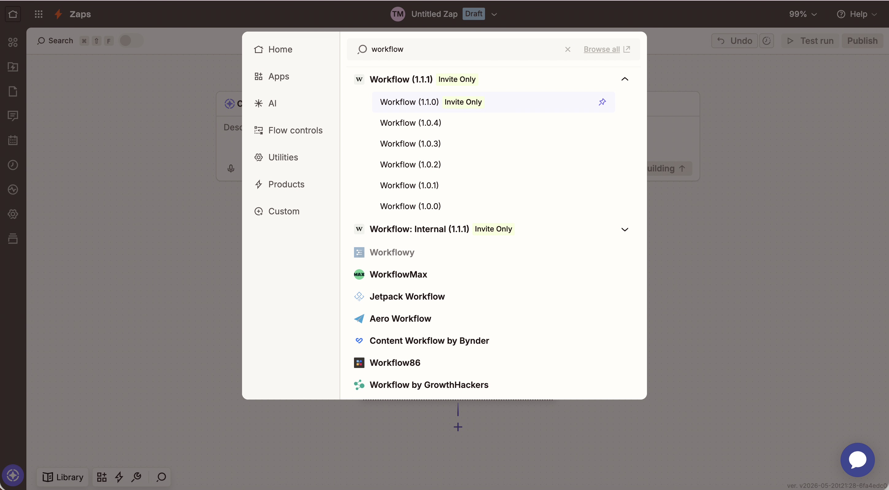 Zapier app selector showing multiple Workflow versions including Invite Only and public versions