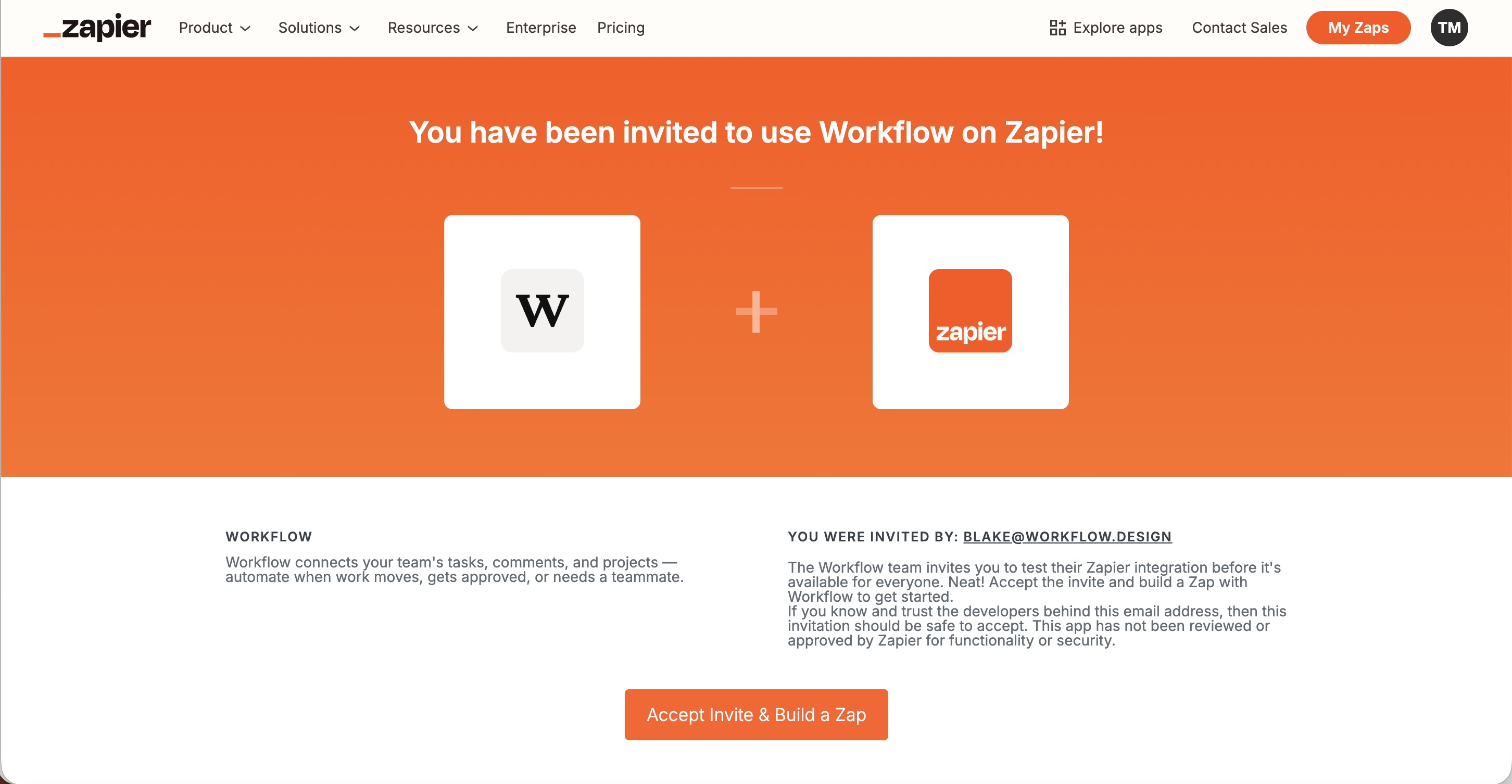 Zapier invite page showing 'You have been invited to use Workflow on Zapier' with Accept Invite button