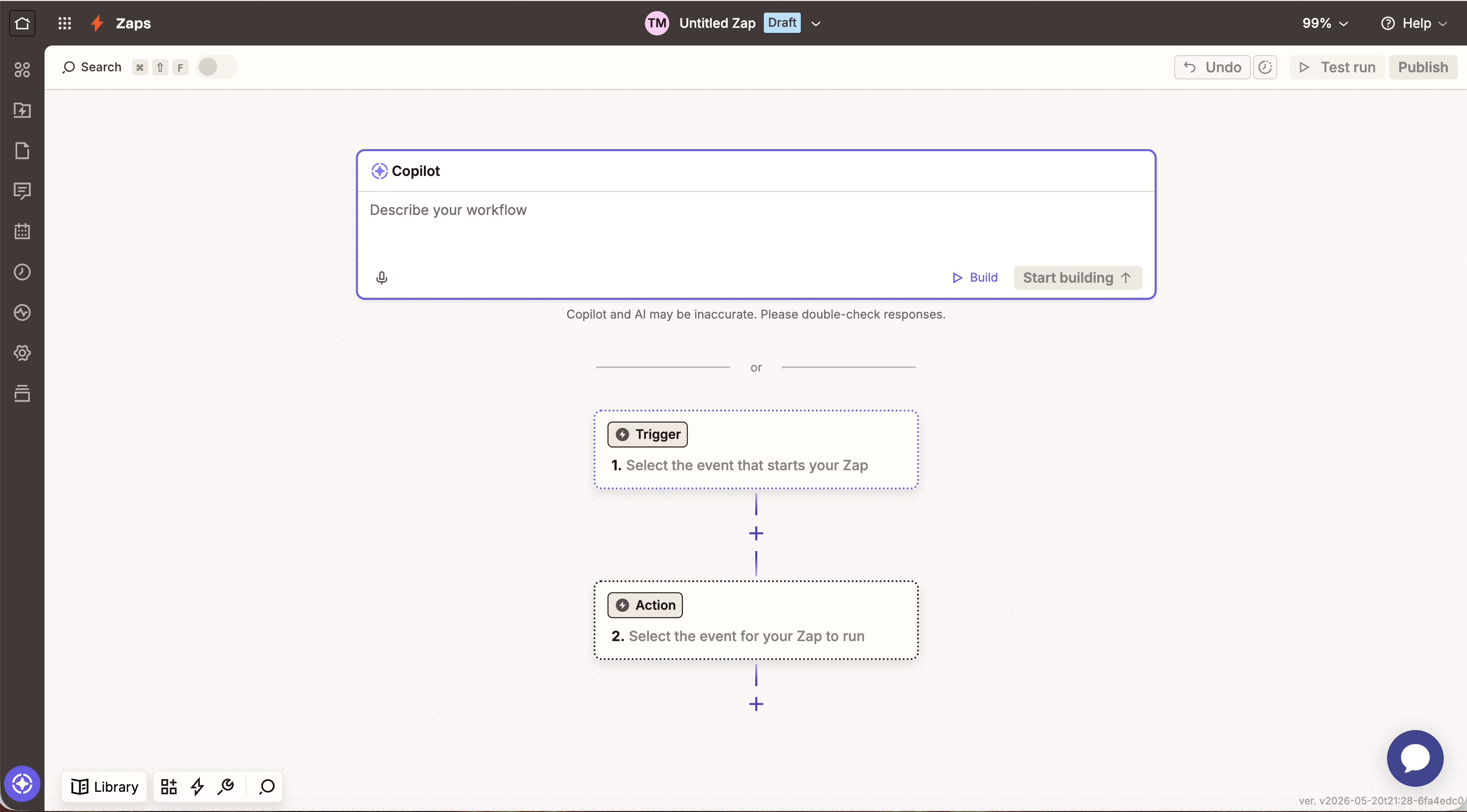 Zapier editor showing a new Zap with Trigger and Action placeholders