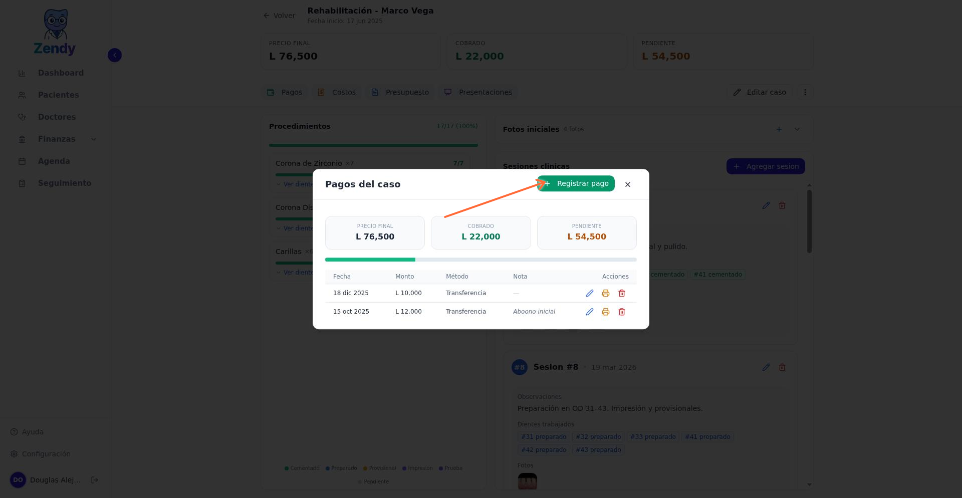 Panel de pagos del caso con KPIs y barra de progreso