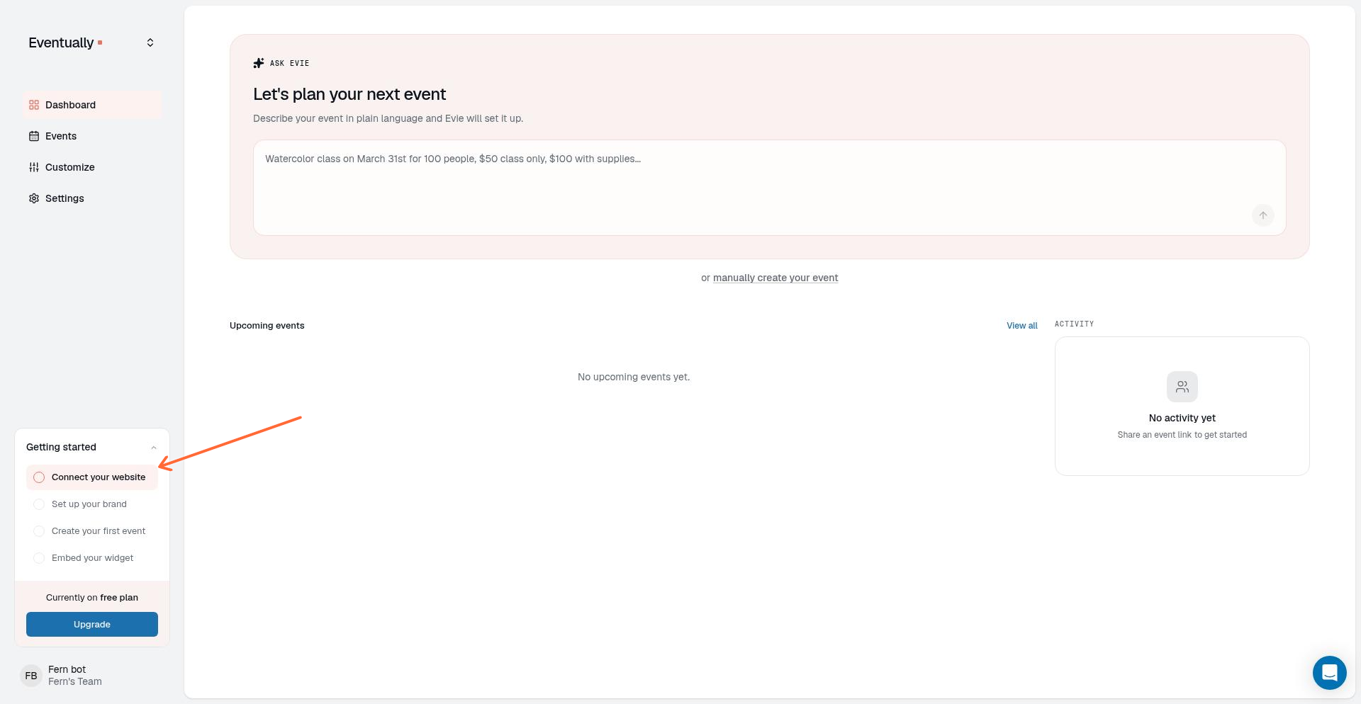 Eventually dashboard showing the Getting started section with Connect your website link