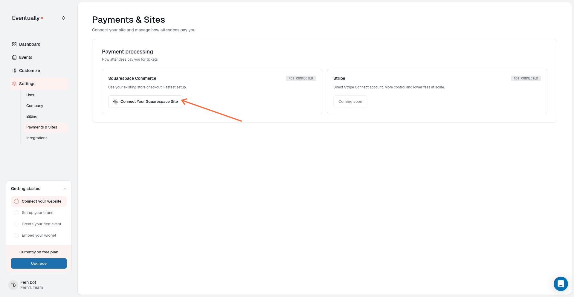 Payments & Sites settings page showing the Connect Your Squarespace Site button