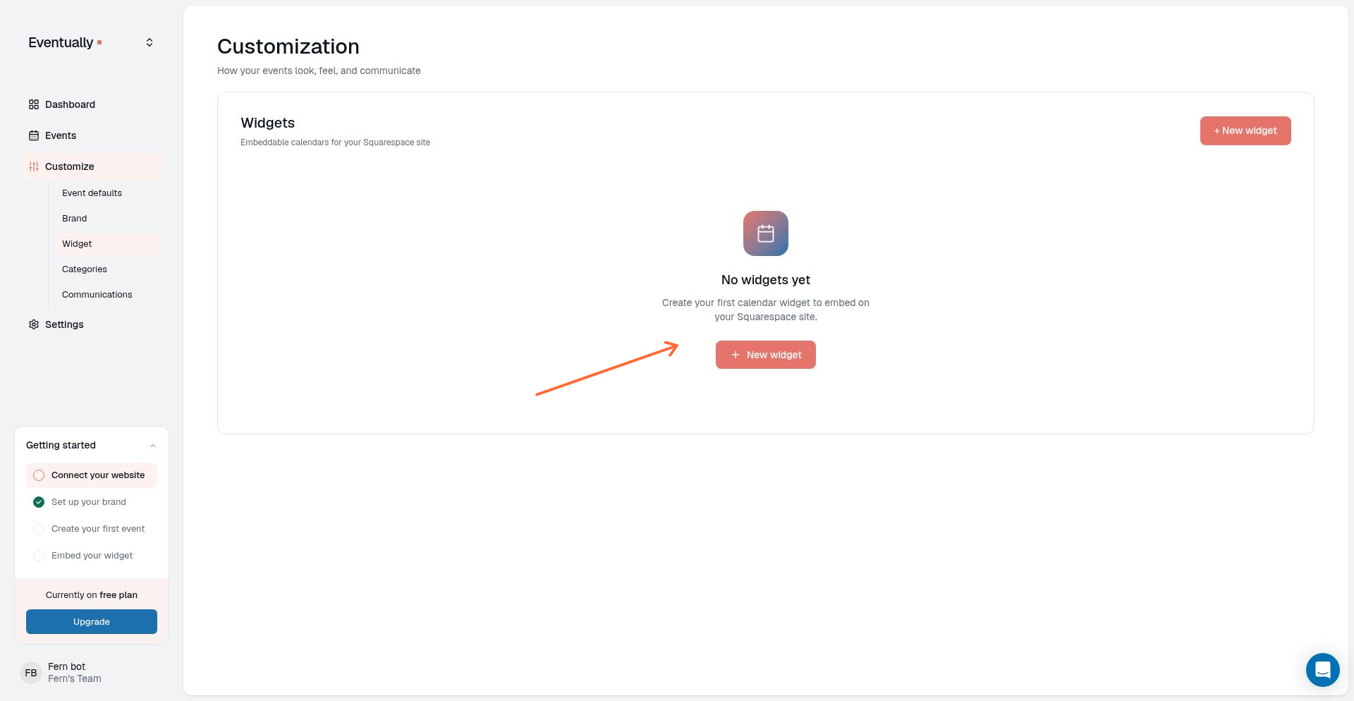 The Widgets page showing an empty list with a New widget button