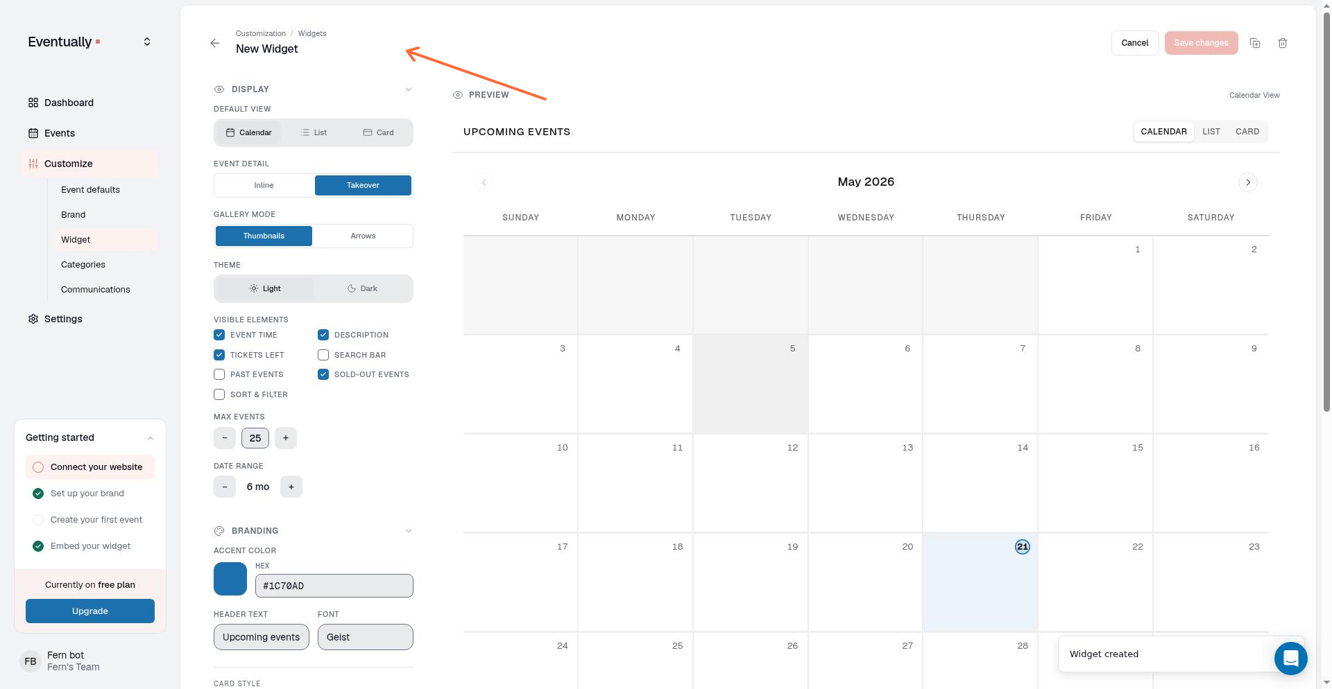 A new widget opens with the name editable in the header bar