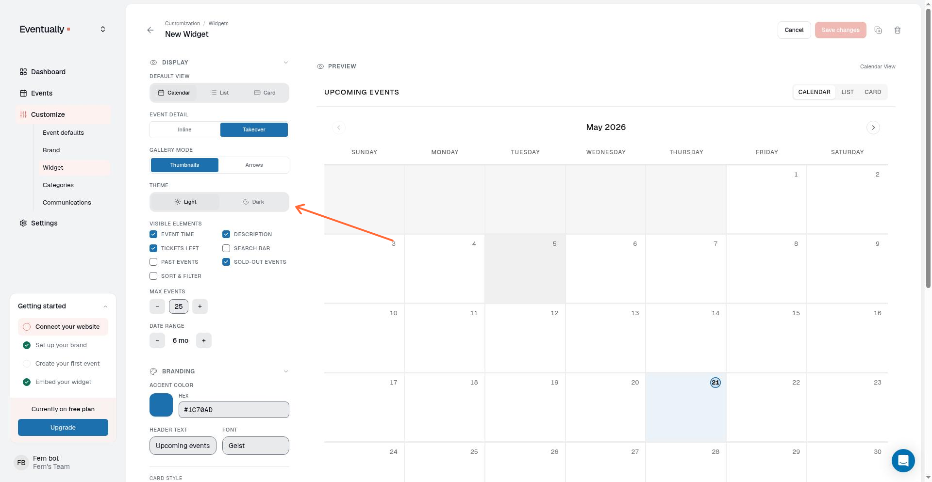 The widget builder showing tabs: Display, Branding, Filtering, Advanced