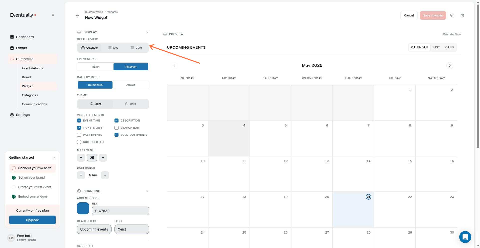 Default View options showing Calendar, List, and Card buttons