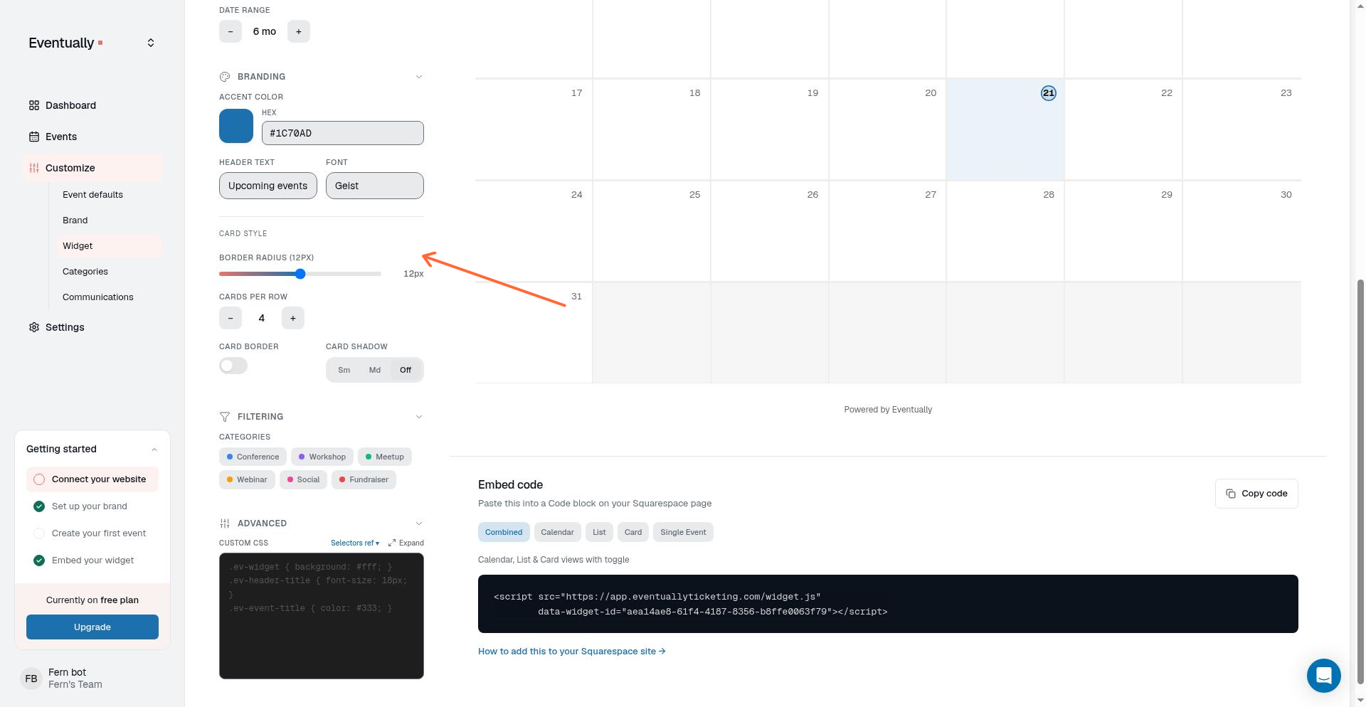 Border Radius slider in the Card Style section of the Branding tab