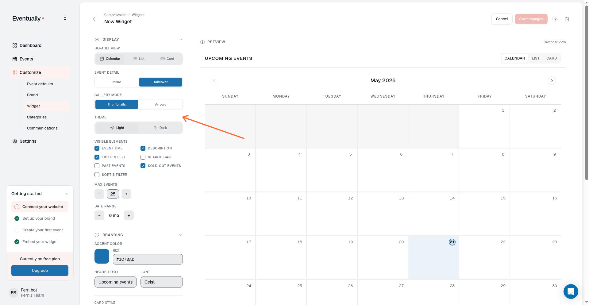 Event Detail options showing Inline and Takeover buttons