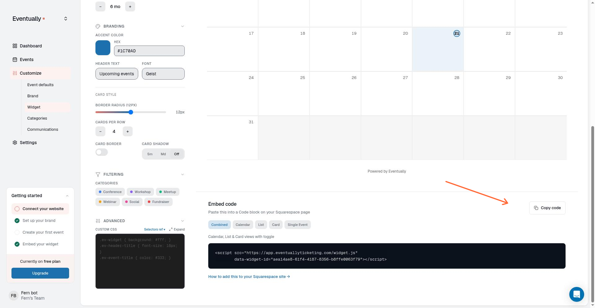 Embed code section with Copy code button