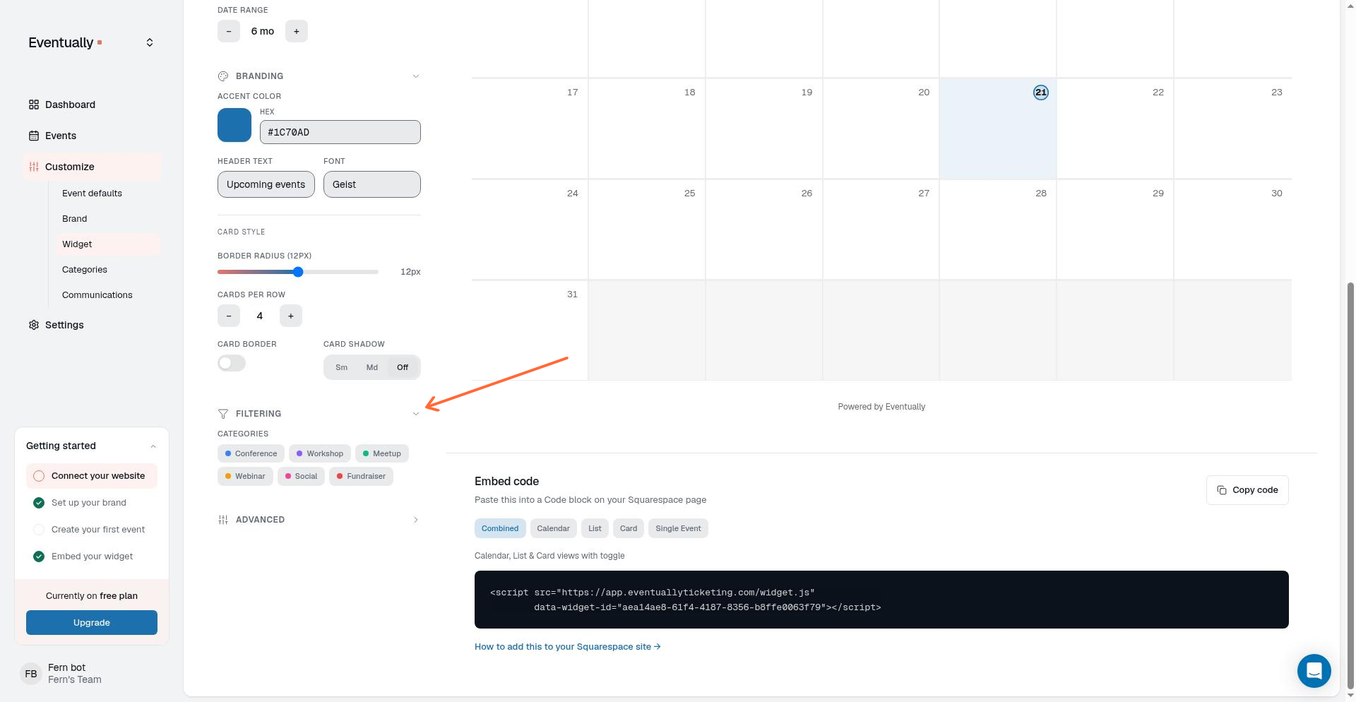 Filtering tab in the widget builder showing filter options for events