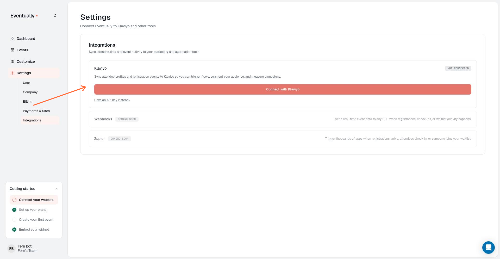 The Integrations page showing the Klaviyo card with Connect with Klaviyo button