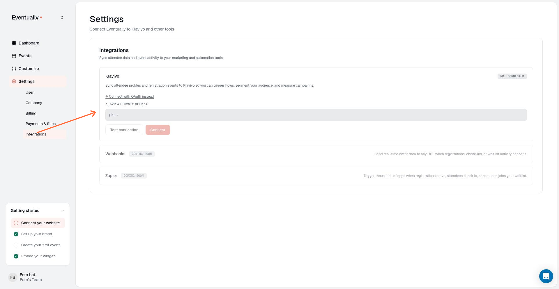 Klaviyo connection showing the API key input field option