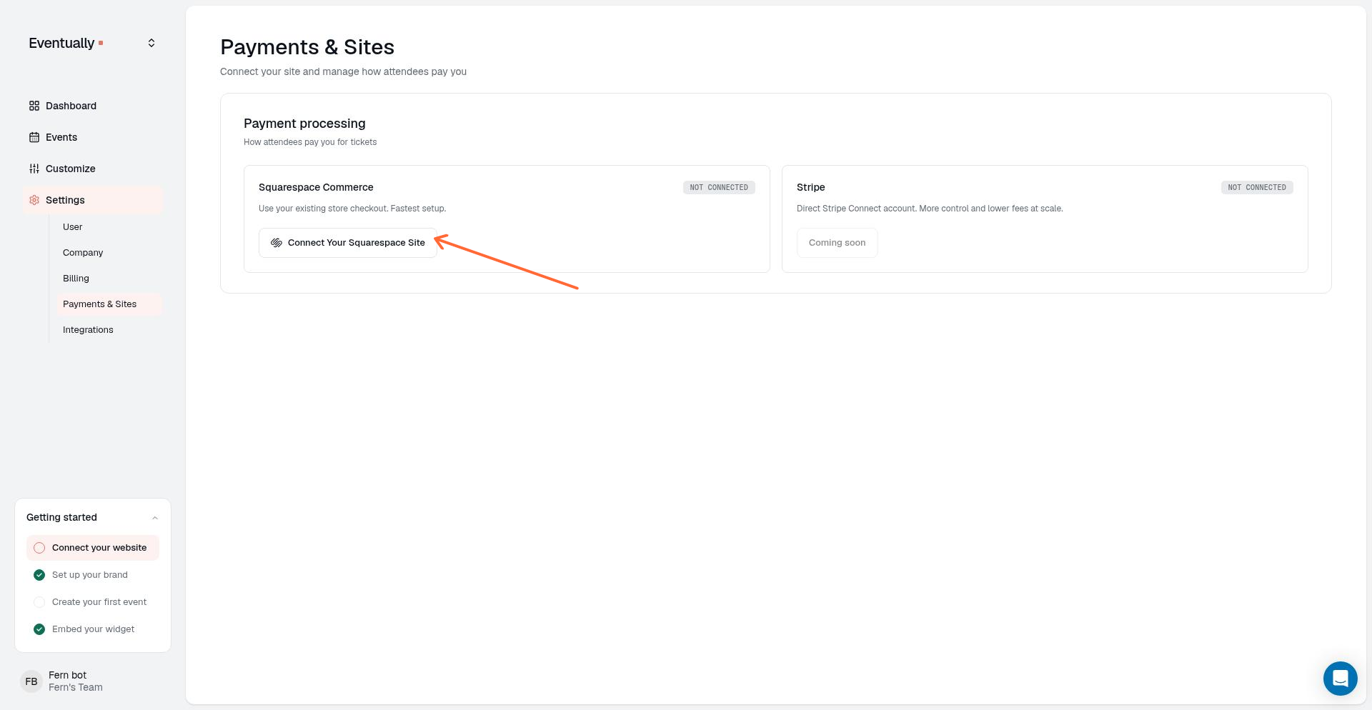 Payments and Sites page with Connect Your Squarespace Site button