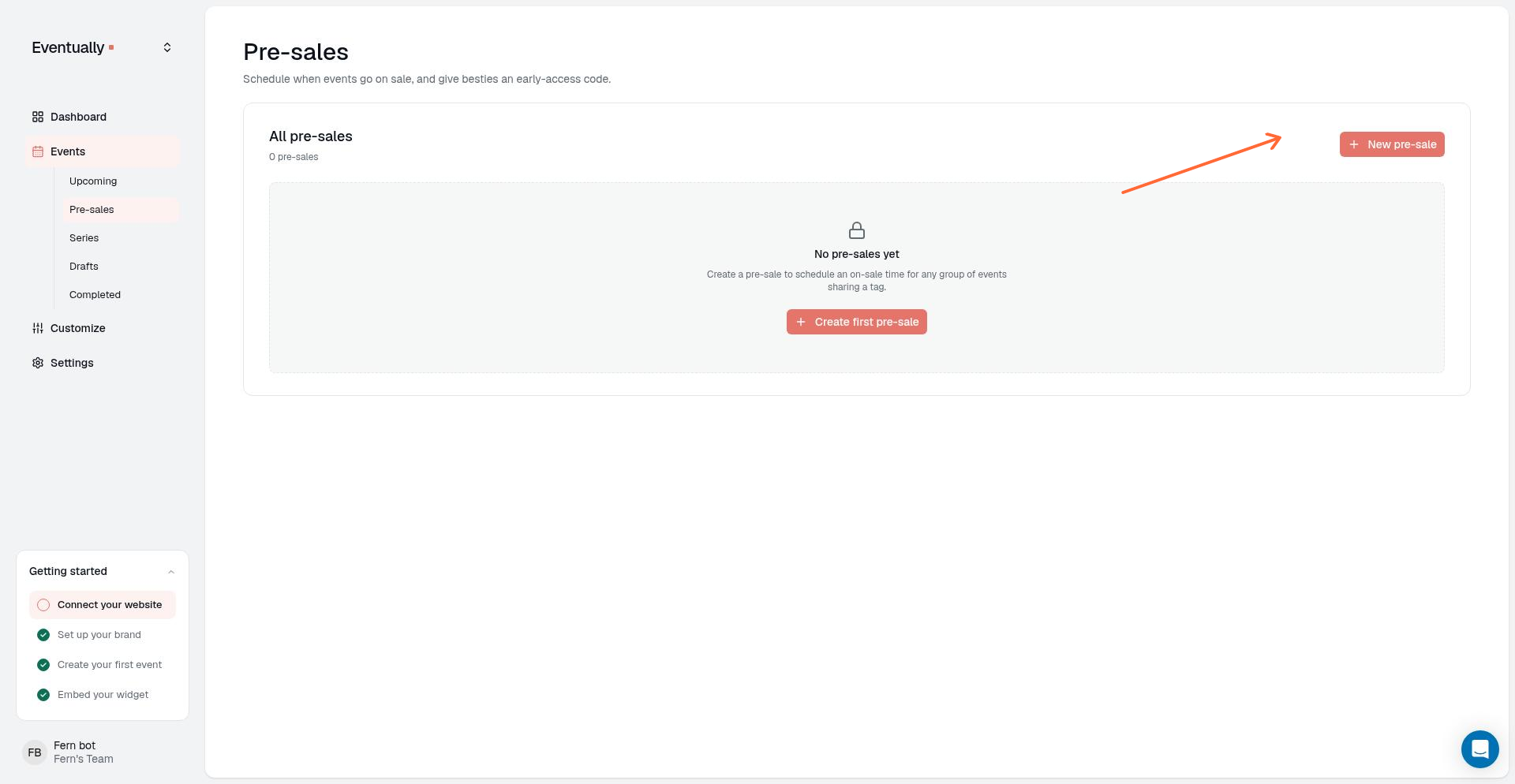 The Pre-sales page showing an empty list with a New pre-sale button