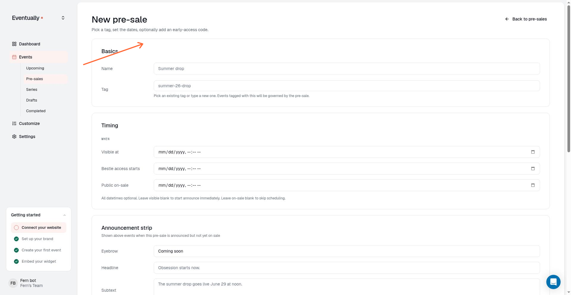 The New pre-sale form showing the Basics section with Name and Tag fields
