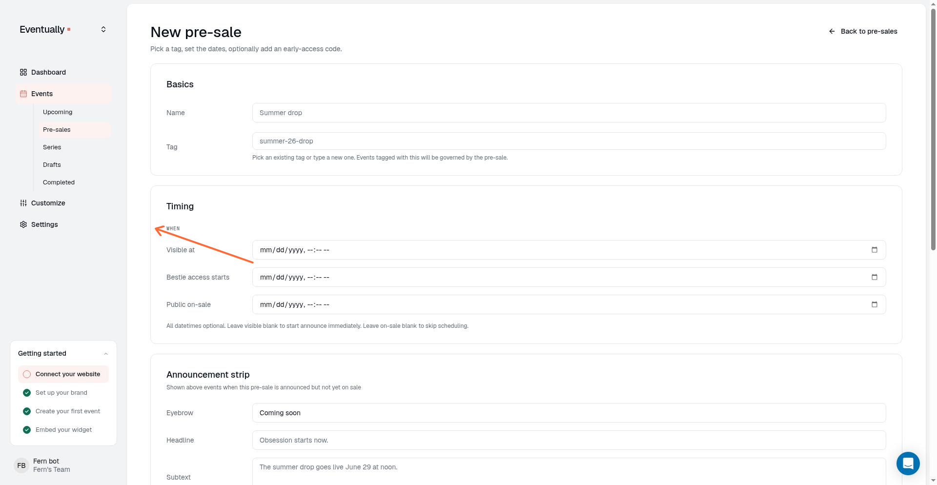 The Timing section of the pre-sale form showing Visible at, Bestie access starts, and Public on-sale fields