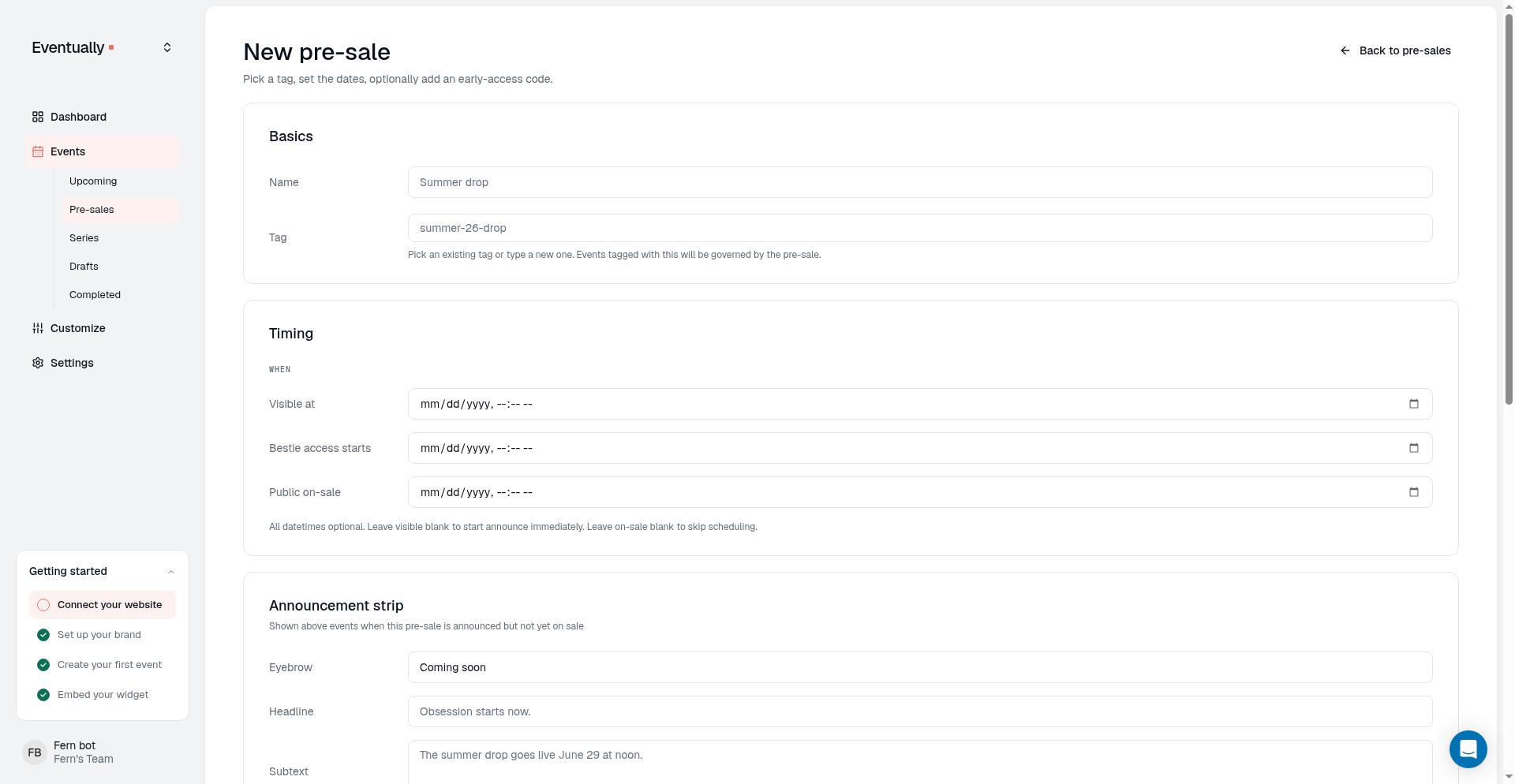 The Early access (besties) section of the pre-sale form showing the Access code field