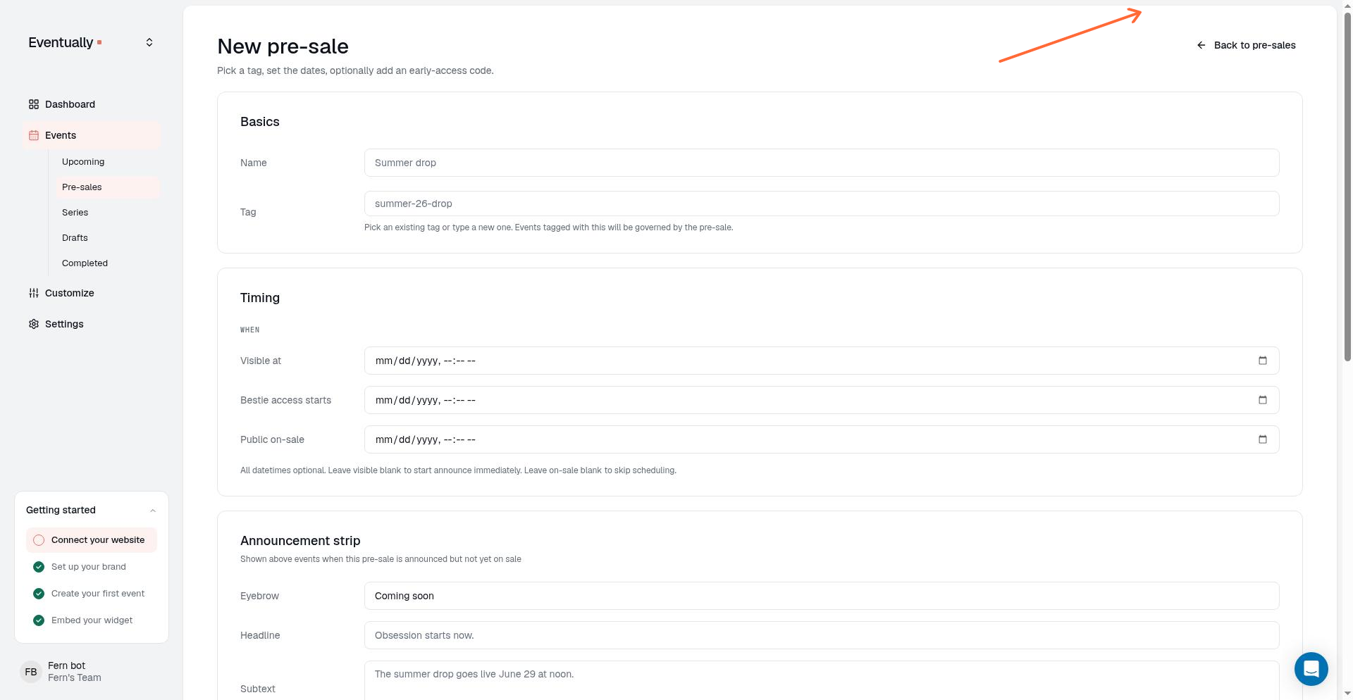 The complete New pre-sale form with the Create pre-sale button