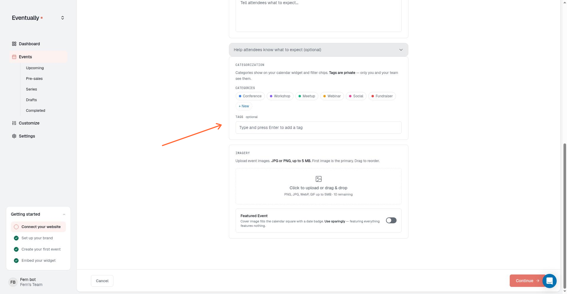 The event editor drawer showing the Tags field under the Categorization section