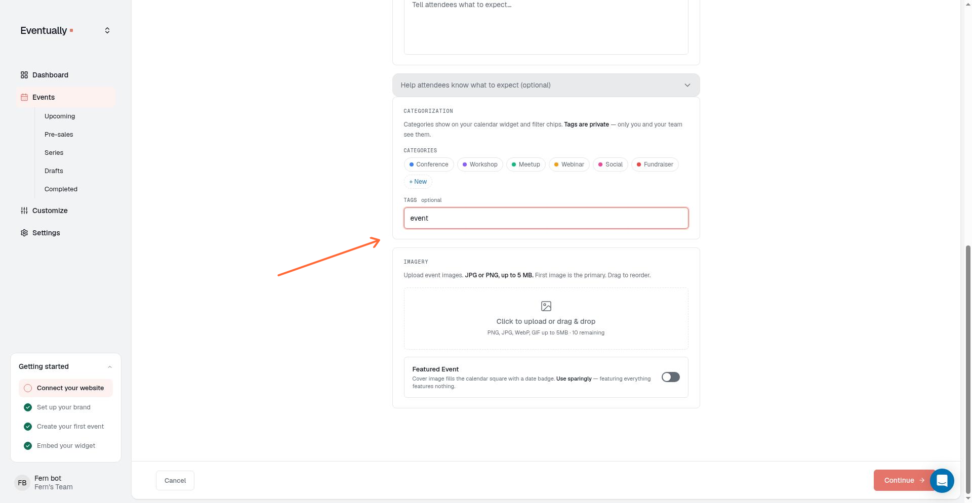 The tag picker showing suggested tags as you type in the Tags field