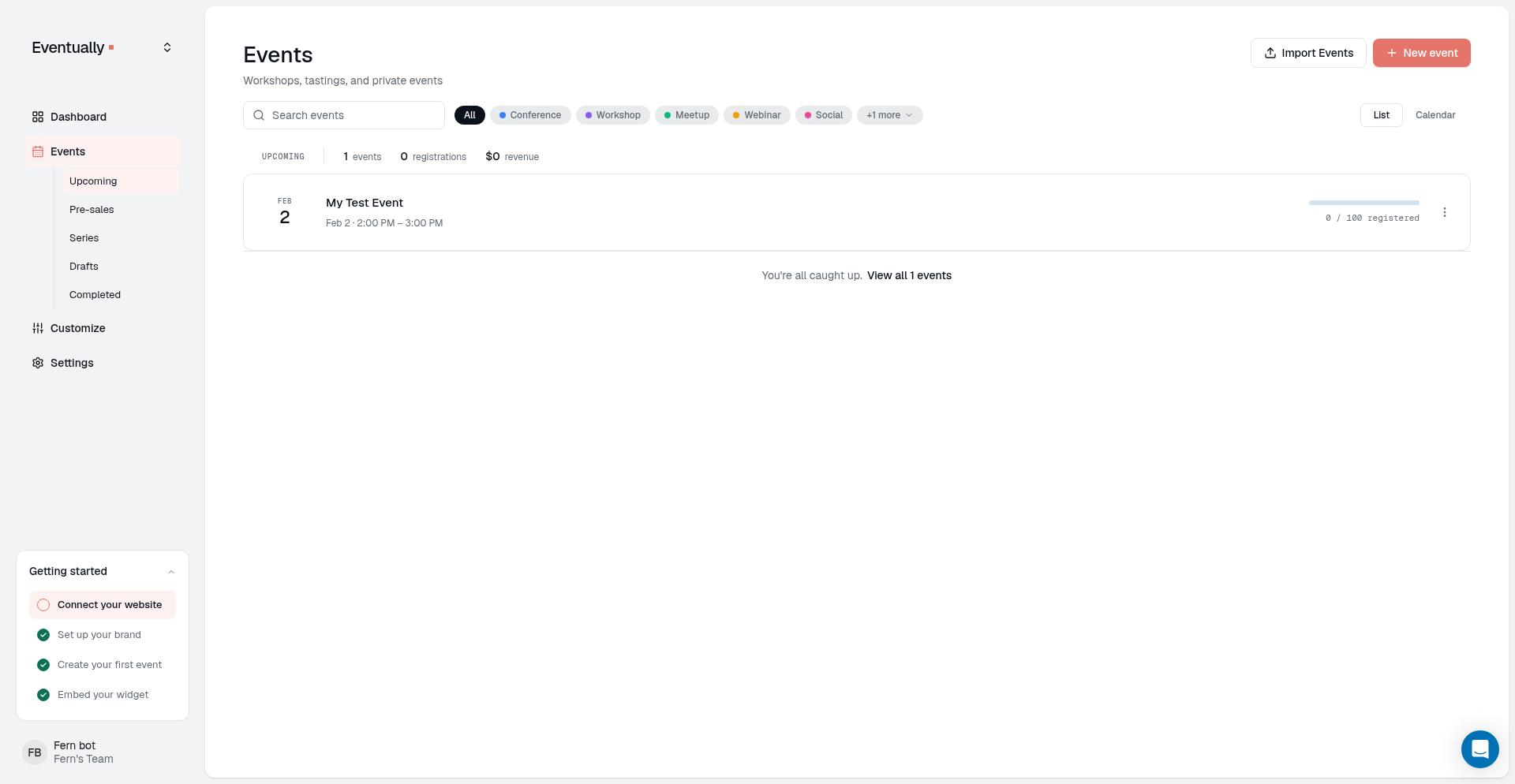 Eventually dashboard showing the Events list with event management tools