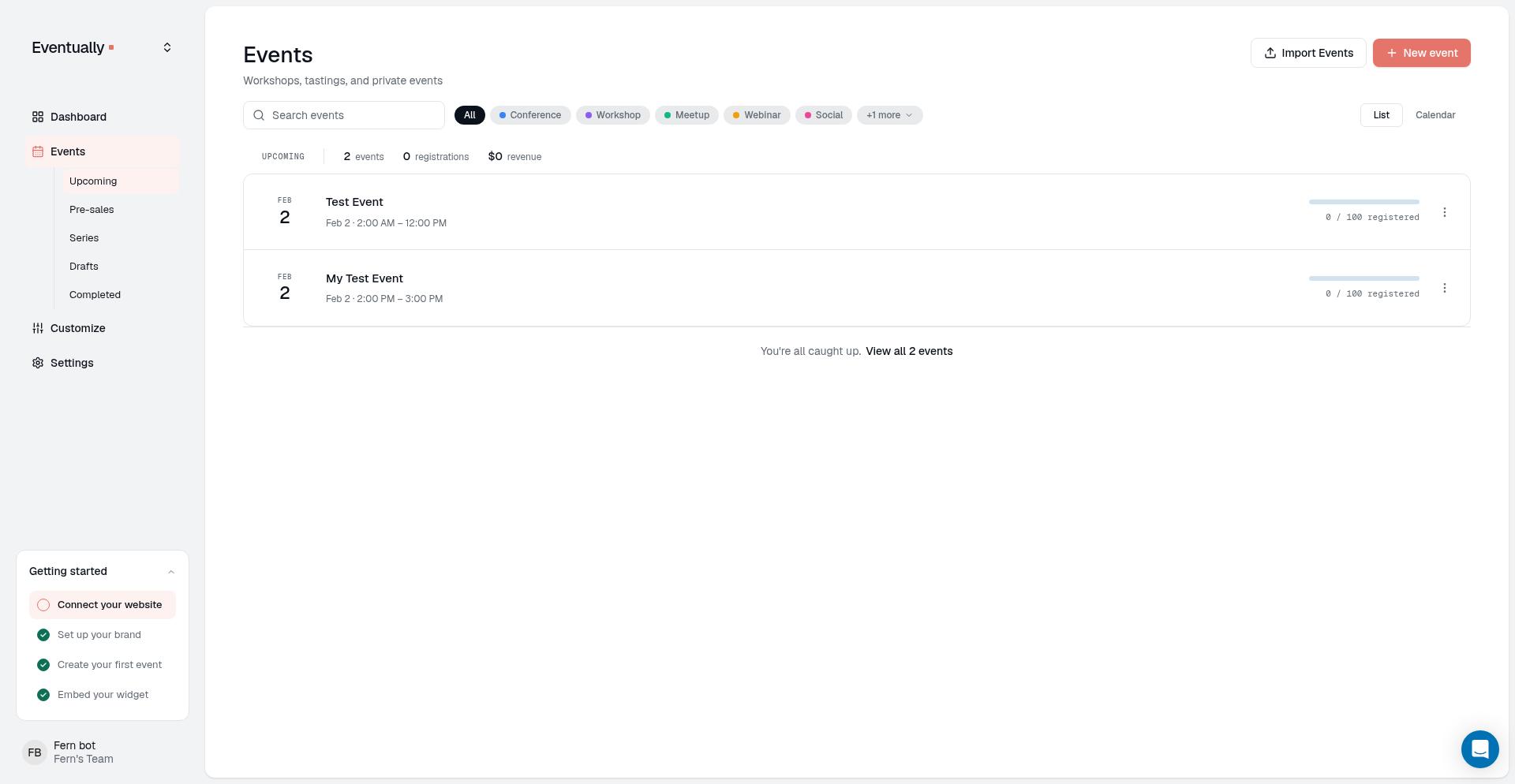 Events list page — go to Events to open an event for editing