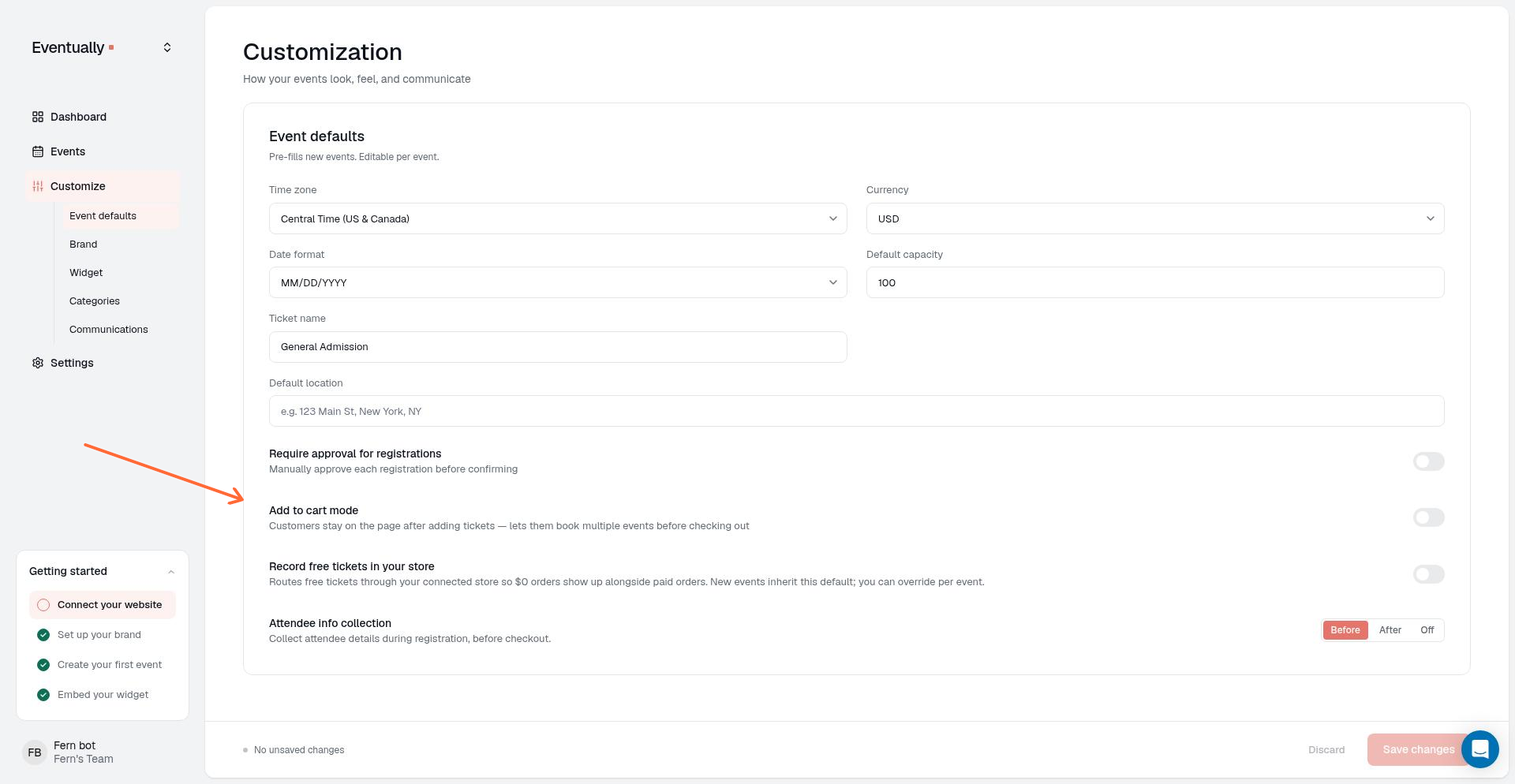 Event Defaults page showing the Add to cart mode toggle with the description 'Customers stay on the page after adding tickets — lets them book multiple events before checking out'