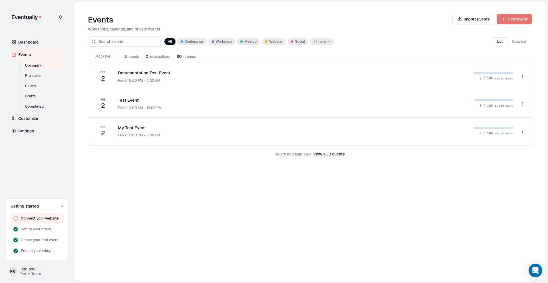 Events page showing the list of upcoming events with filters and import options