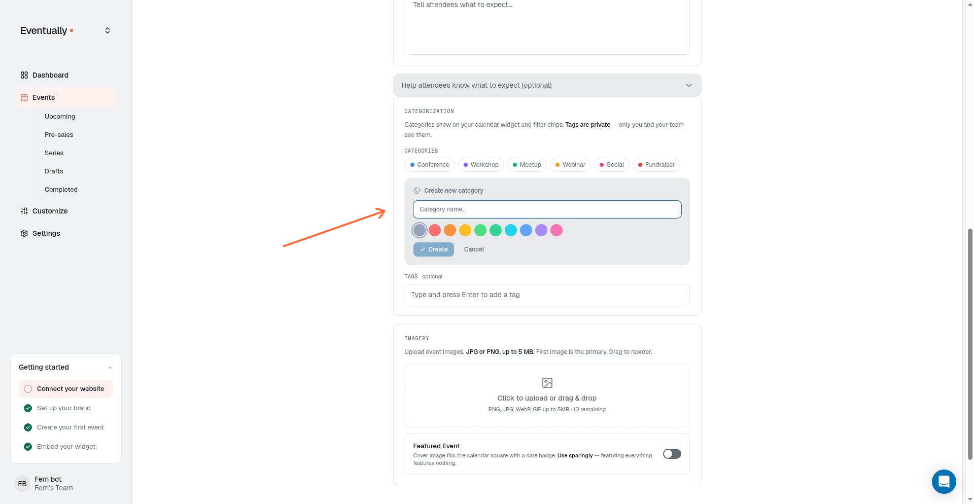 Inline category creation showing the category name input and color swatch palette