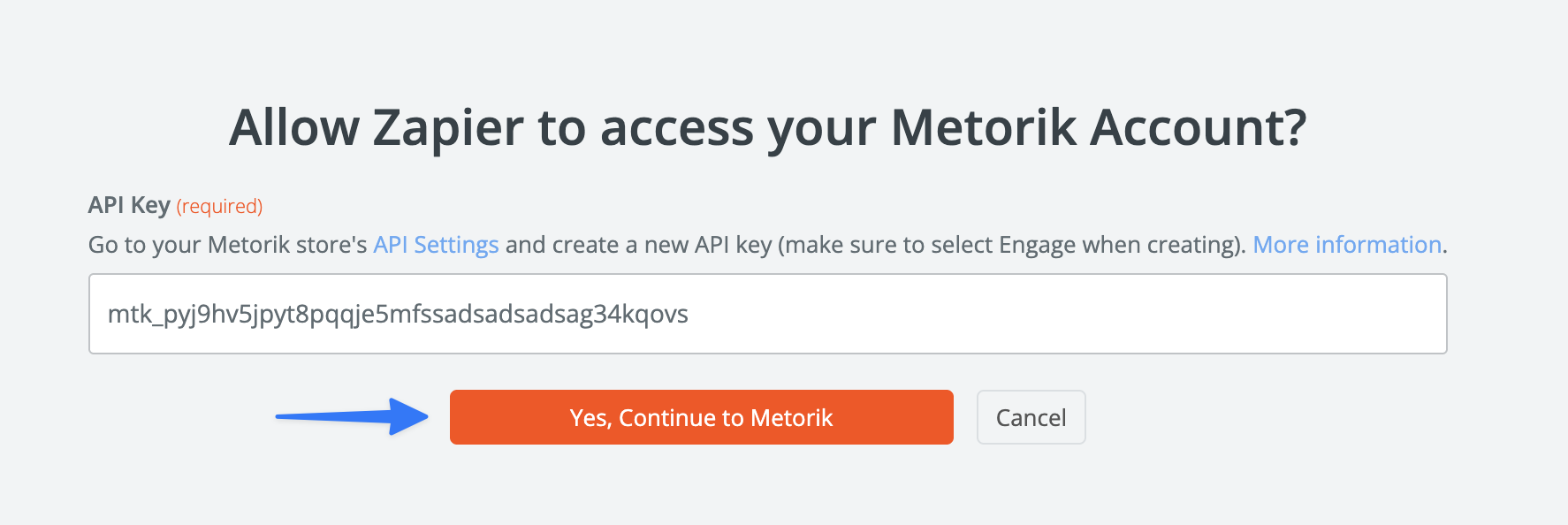 Zapier authorization page with API key entered