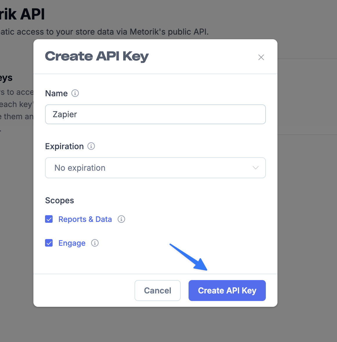 Create API Key modal in Metorik with Engage scope selected