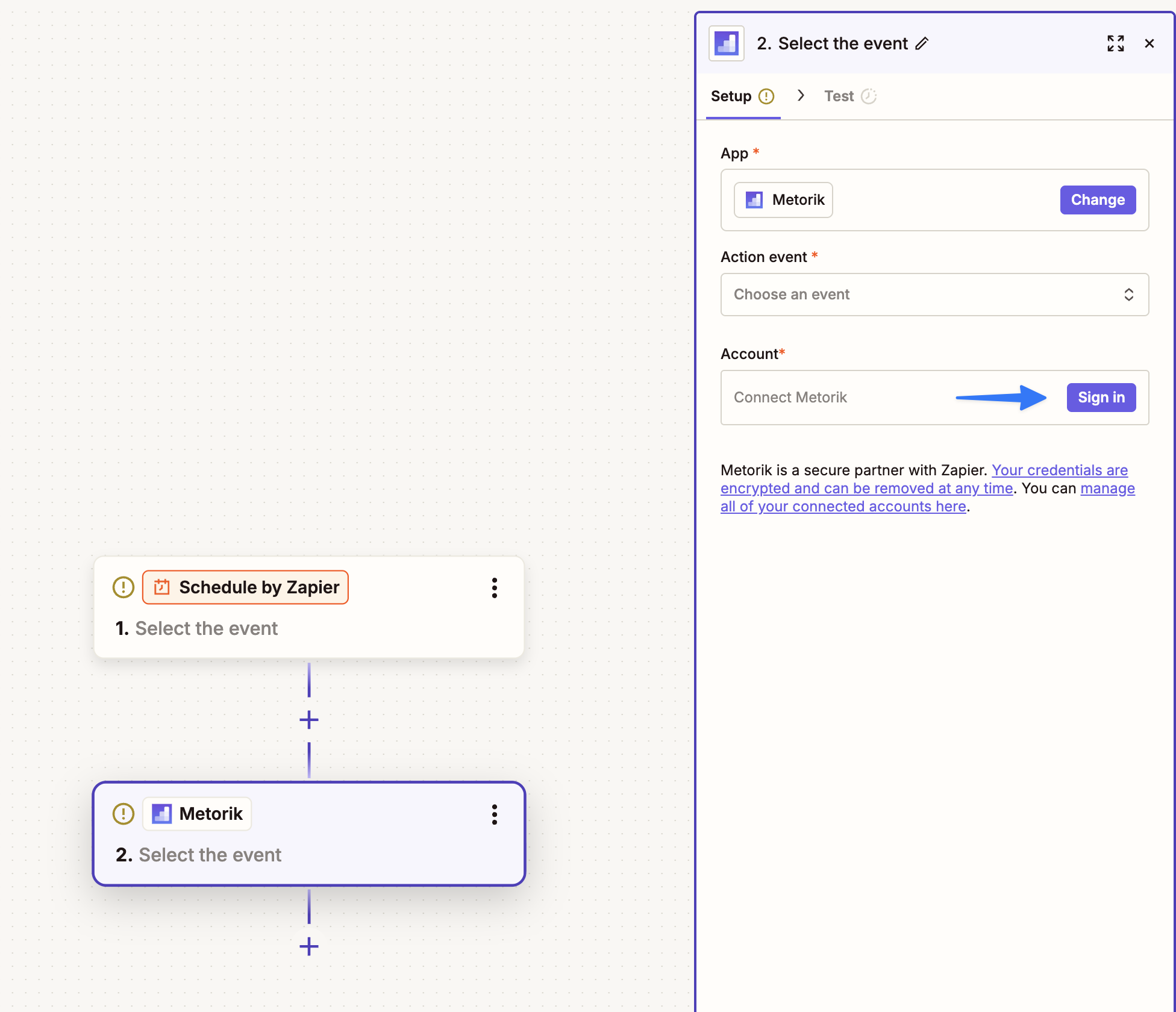 Zapier workflow editor showing Connect Metorik button