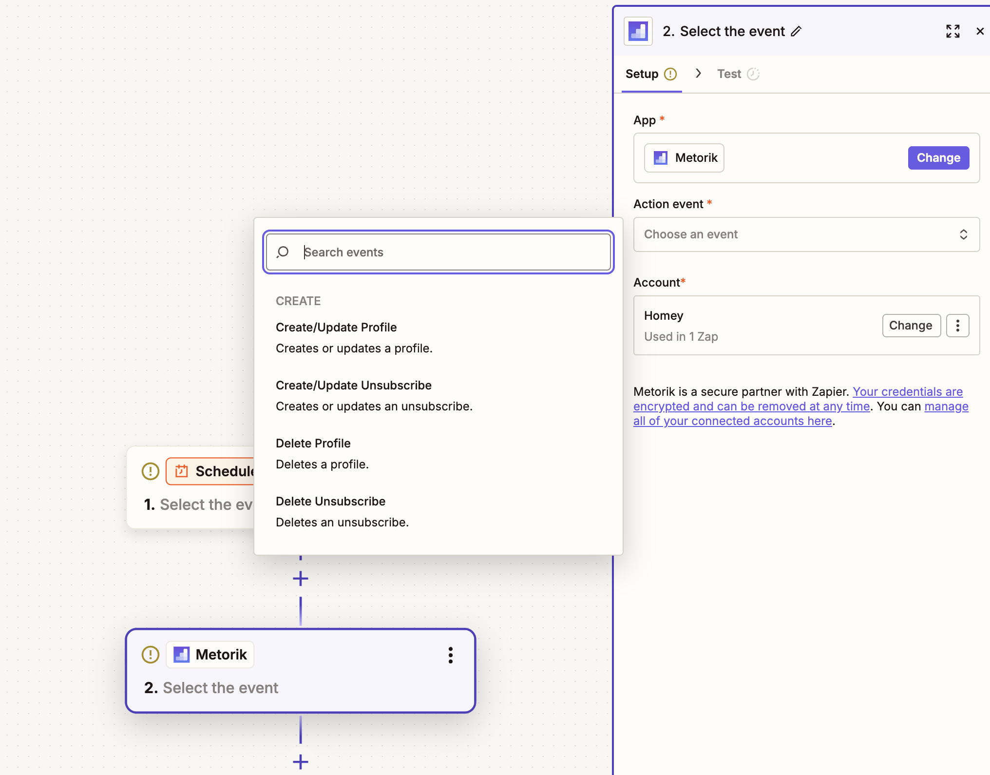 Zapier showing available Metorik actions
