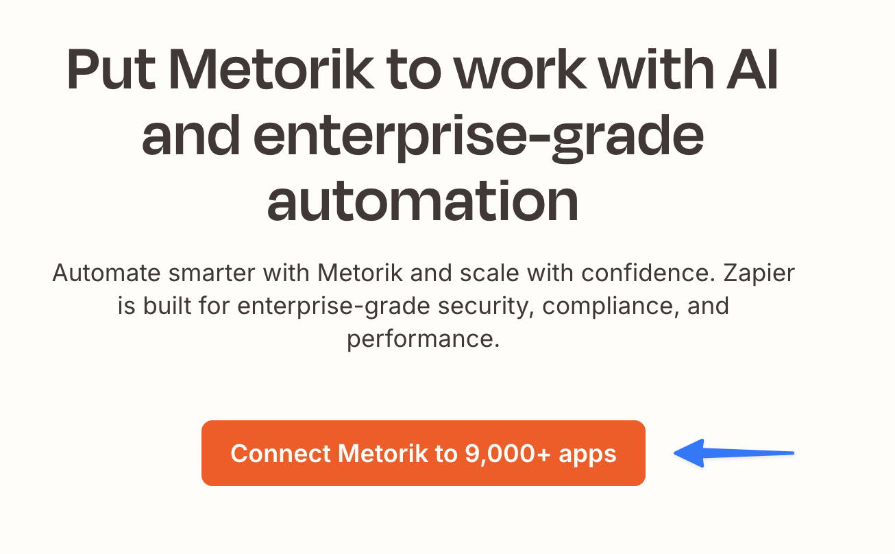 Zapier marketing page with Connect Metorik button