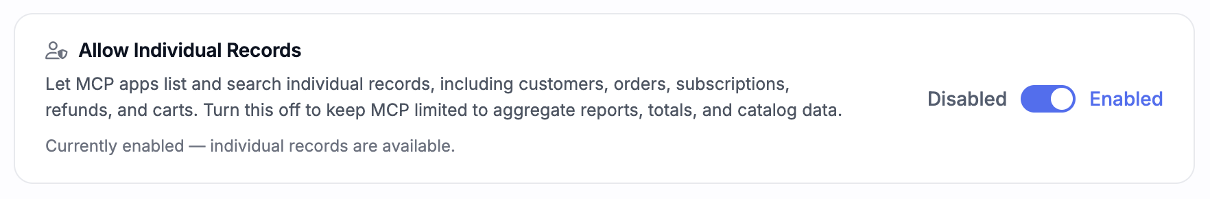 Store settings showing Allow Individual Records toggle enabled